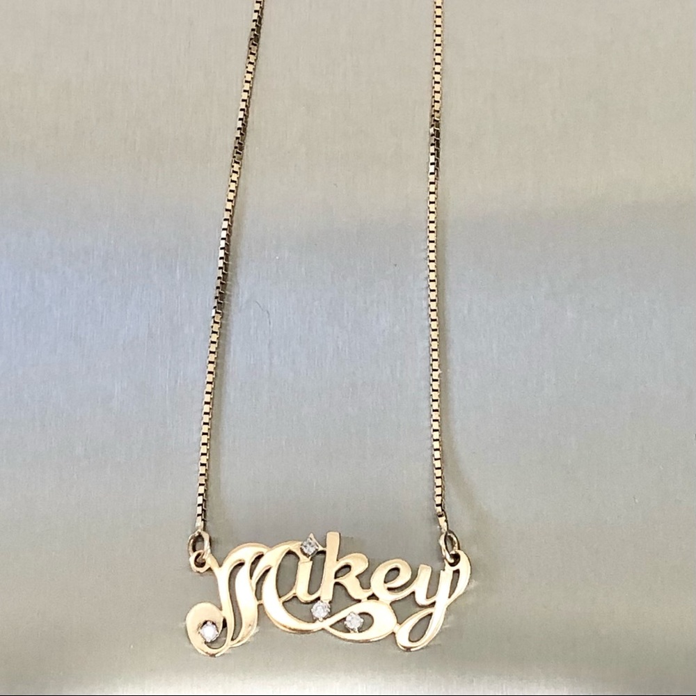 ⭐️14K Gold 4 Diamonds Mikey Script Name Plate Choker Vintage Italian Necklace